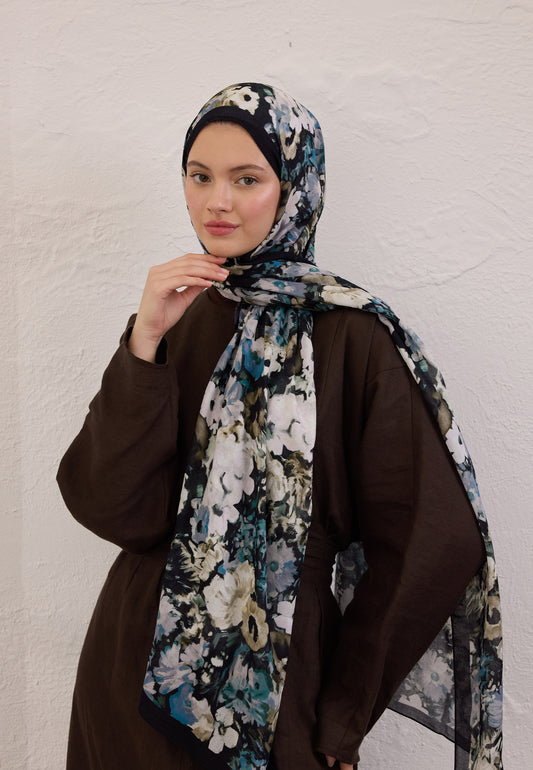 Siyah Beauty Blossom Desen Rami Şal