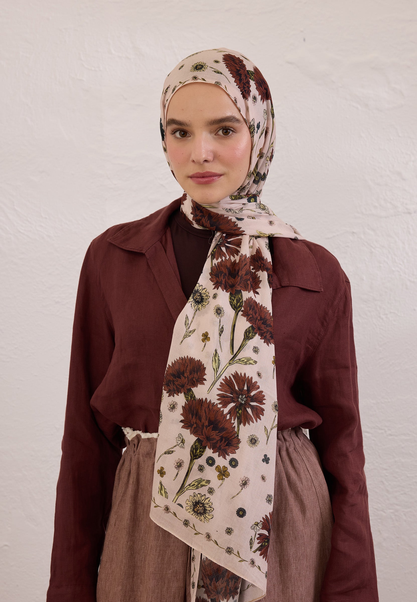 Soft Pembe Bloomıng Dahlıa Desen Rami Şal