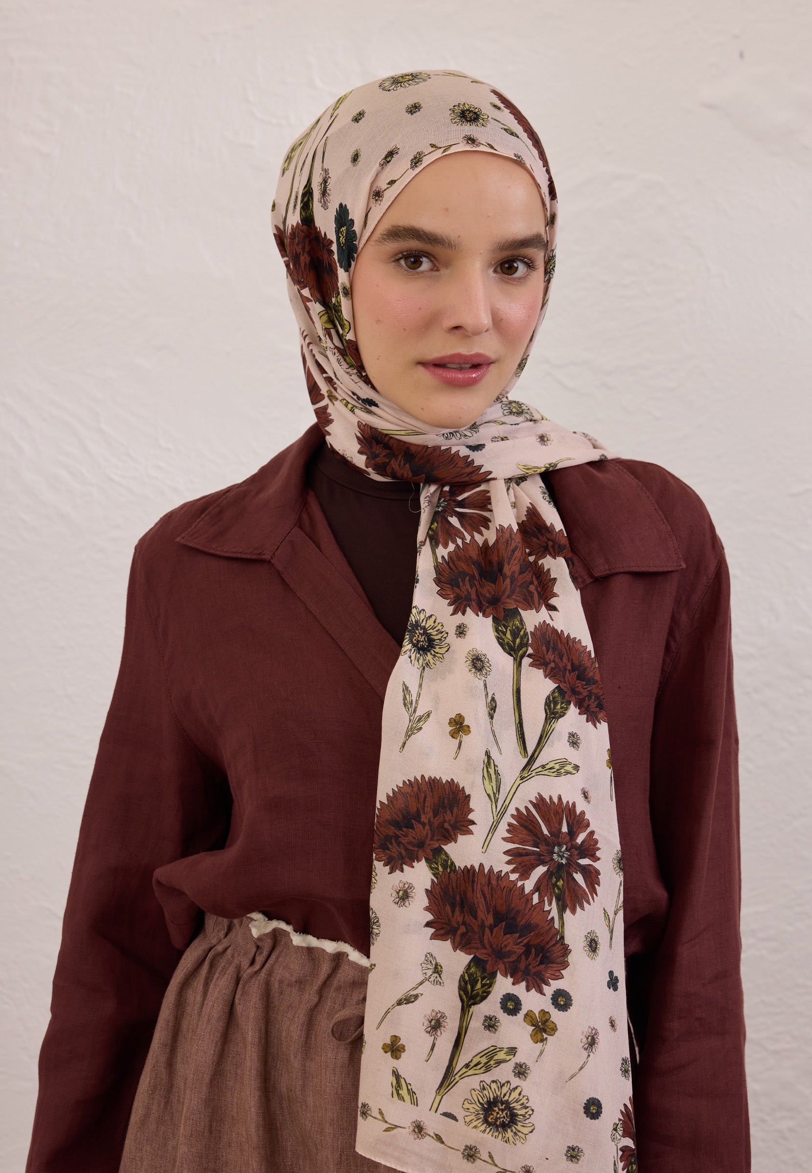 Soft Pembe Bloomıng Dahlıa Desen Rami Şal