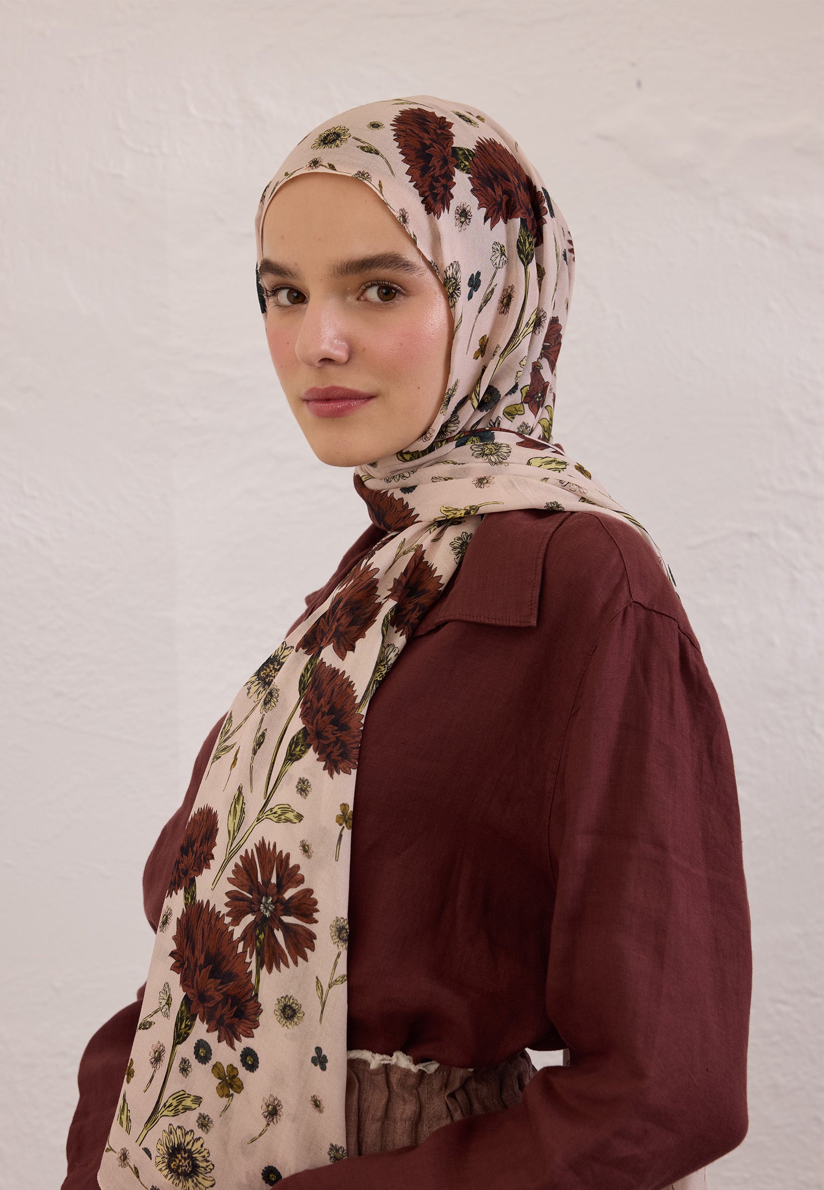 Soft Pembe Bloomıng Dahlıa Desen Rami Şal