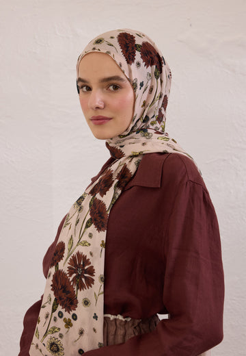 Soft Pembe Bloomıng Dahlıa Desen Rami Şal
