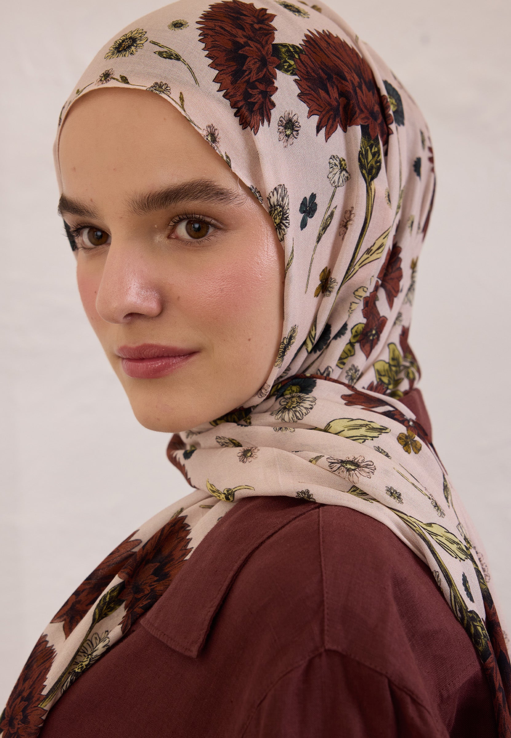 Soft Pembe Bloomıng Dahlıa Desen Rami Şal