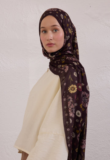 Mürdüm Bloomıng Dahlıa Desen Rami Şal