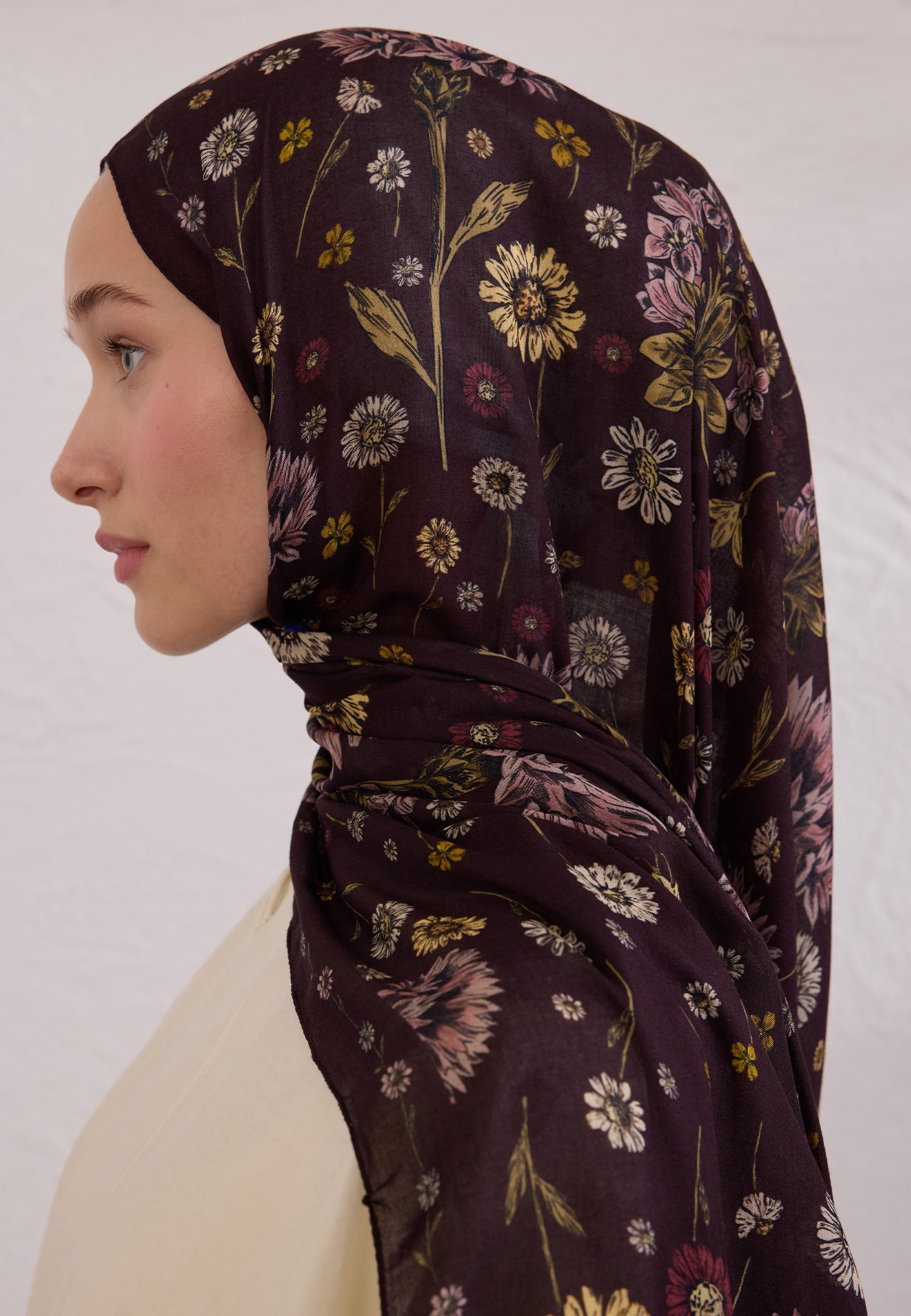 Mürdüm Bloomıng Dahlıa Desen Rami Şal