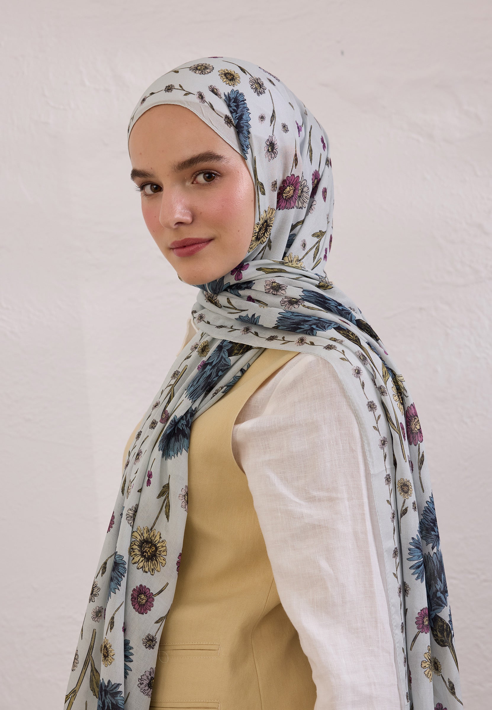 Soft Mavi Bloomıng Dahlıa Desen Rami Şal