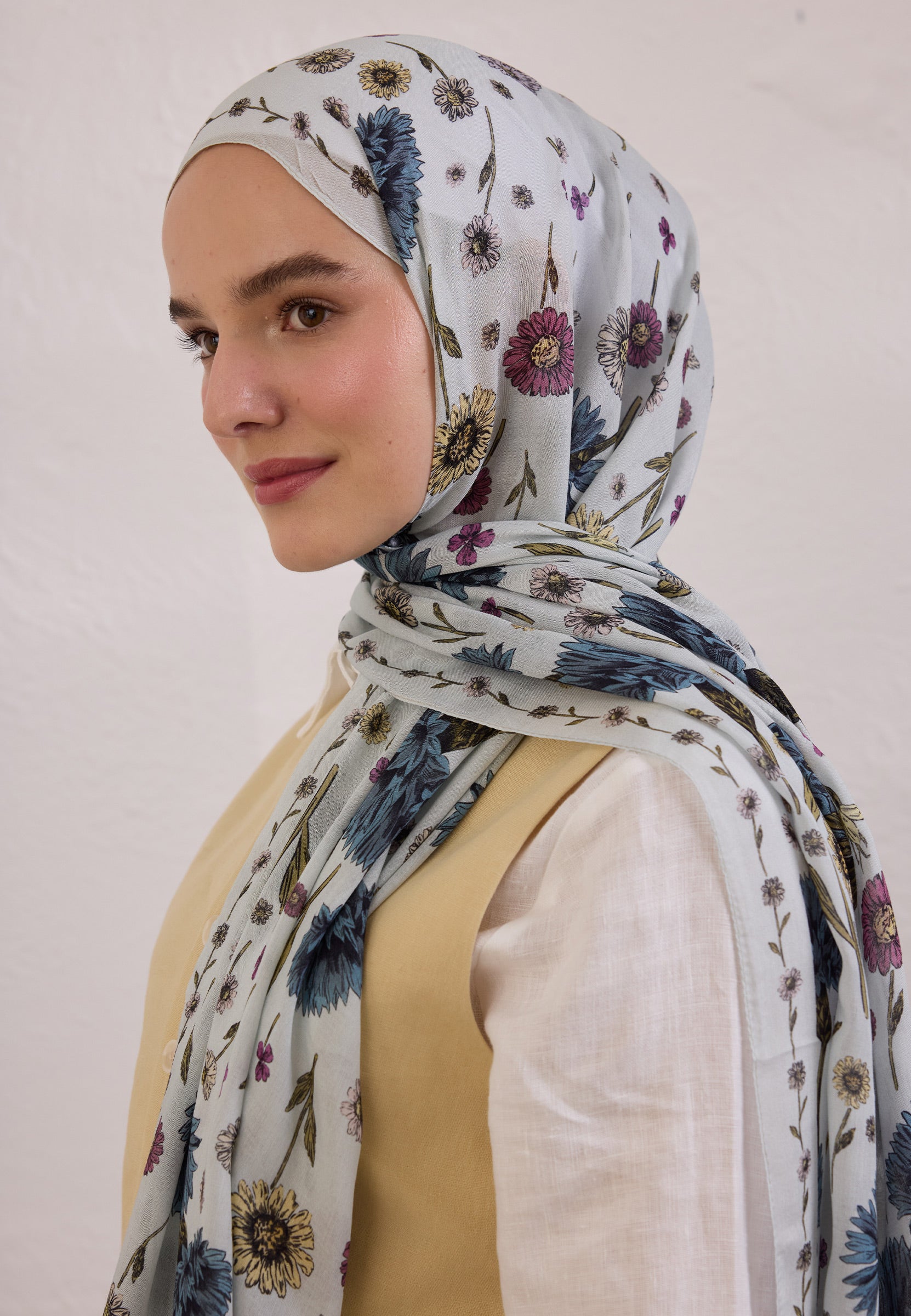 Soft Mavi Bloomıng Dahlıa Desen Rami Şal