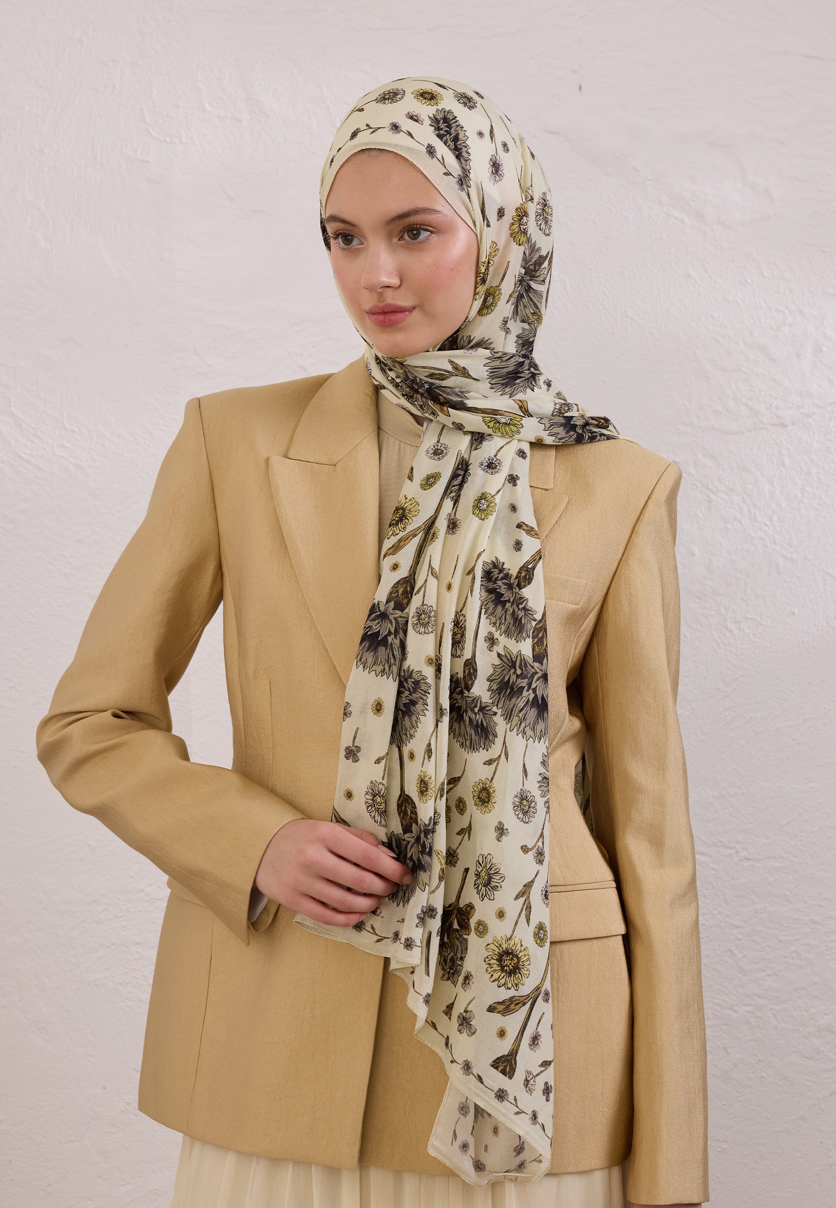 Soft Sarı Bloomıng Dahlıa Desen Rami Şal