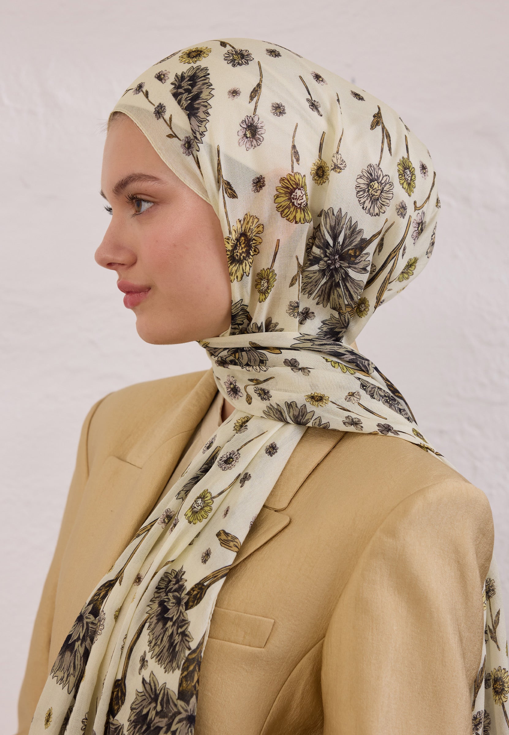 Soft Sarı Bloomıng Dahlıa Desen Rami Şal