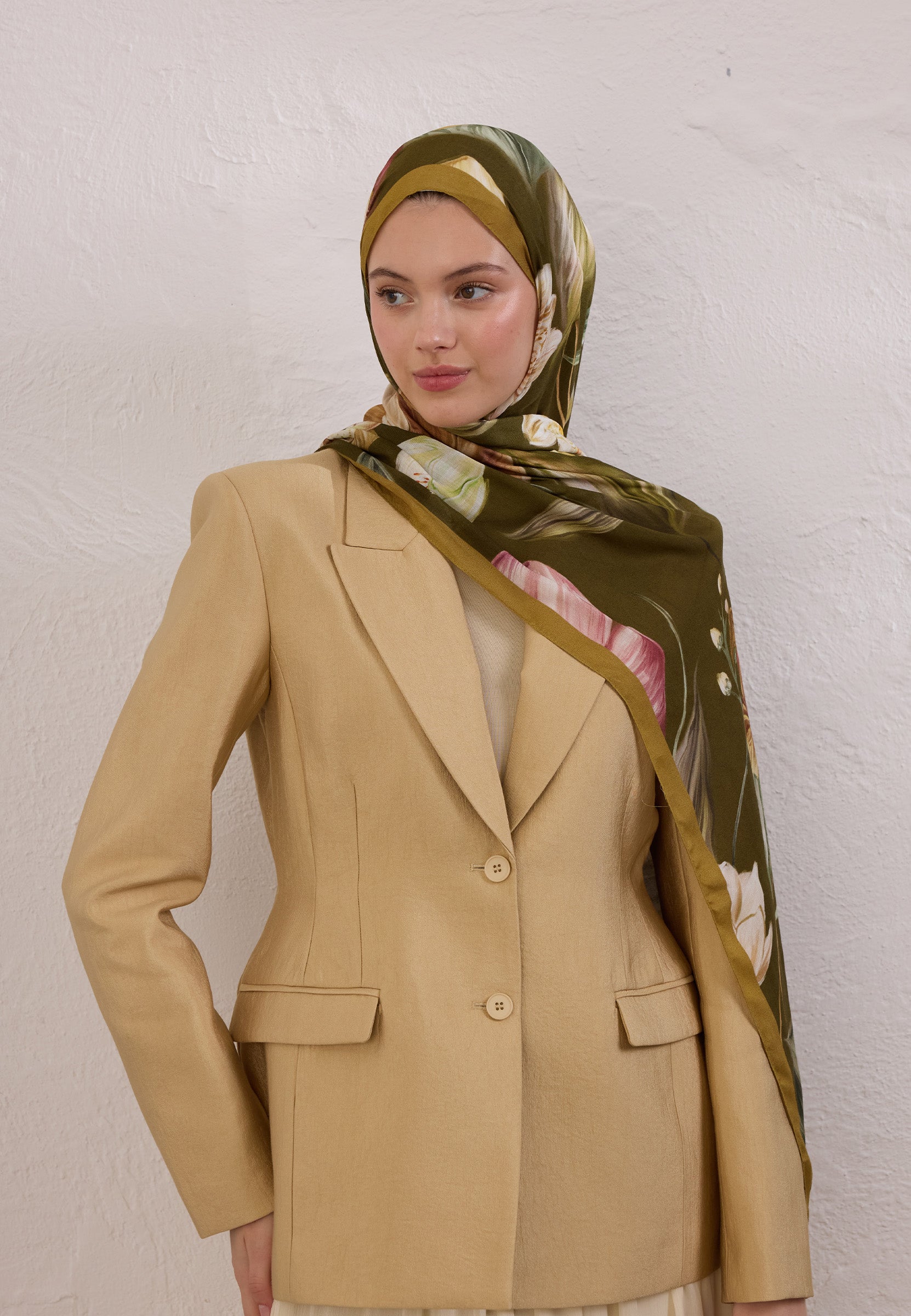 Haki Elegant Flower Desen Rami Şal