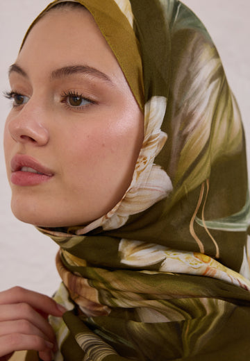 Haki Elegant Flower Desen Rami Şal