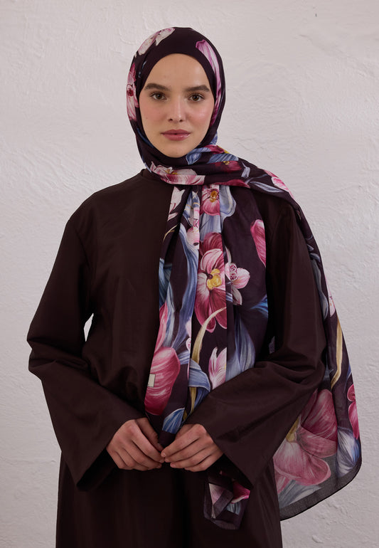 Mürdüm Elegant Flower Desen Rami Şal