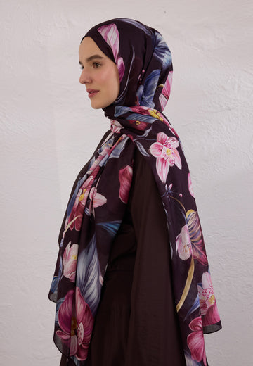 Mürdüm Elegant Flower Desen Rami Şal