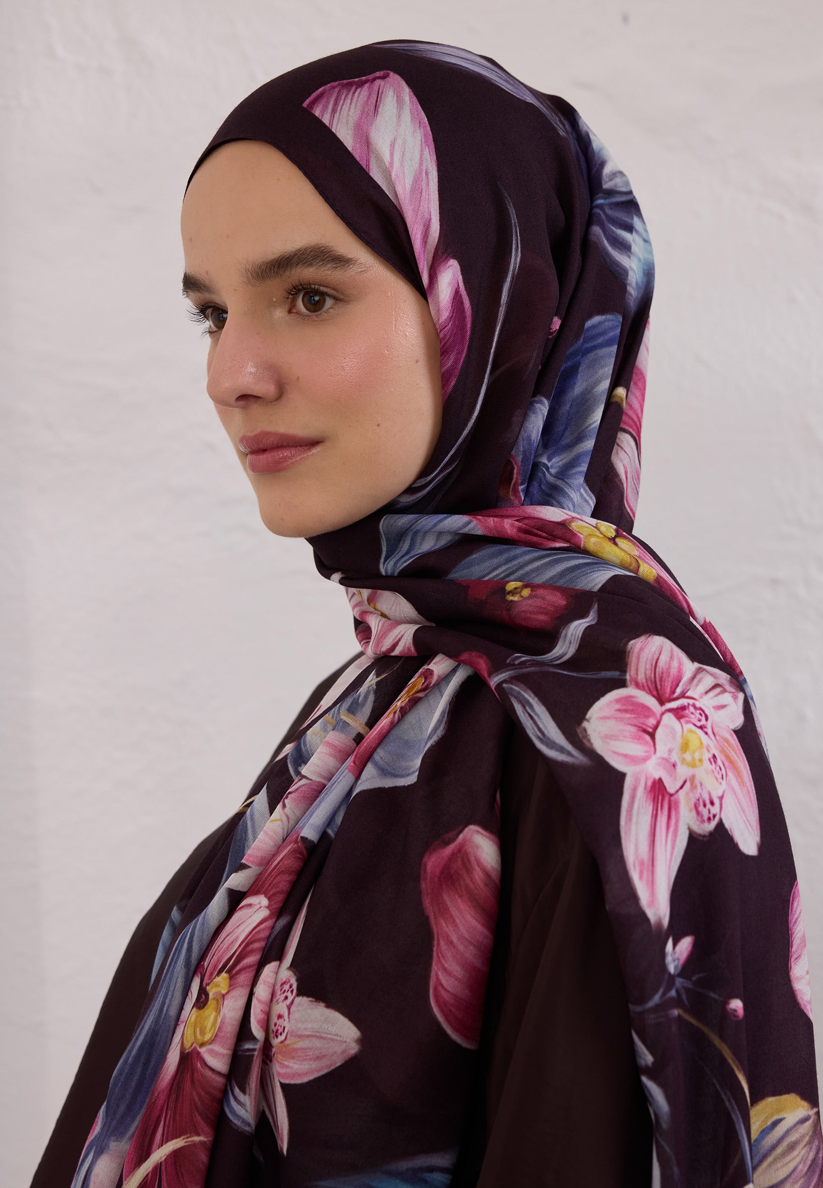 Mürdüm Elegant Flower Desen Rami Şal