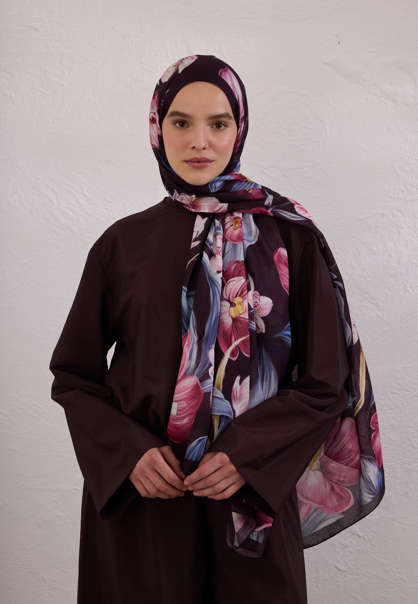 Mürdüm Elegant Flower Desen Rami Şal