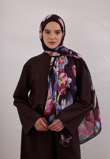 Mürdüm Elegant Flower Desen Rami Şal