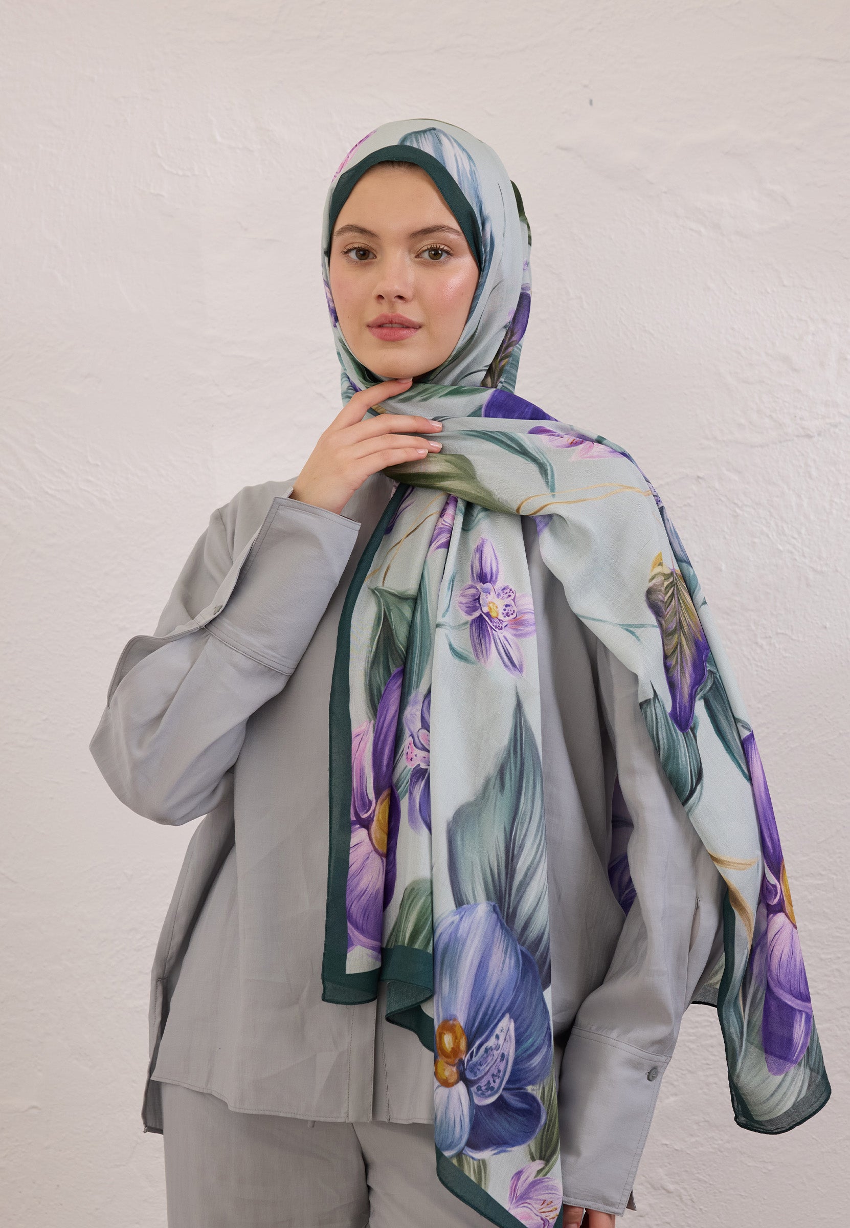 Mint Yeşili Elegant Flower Desen Rami Şal