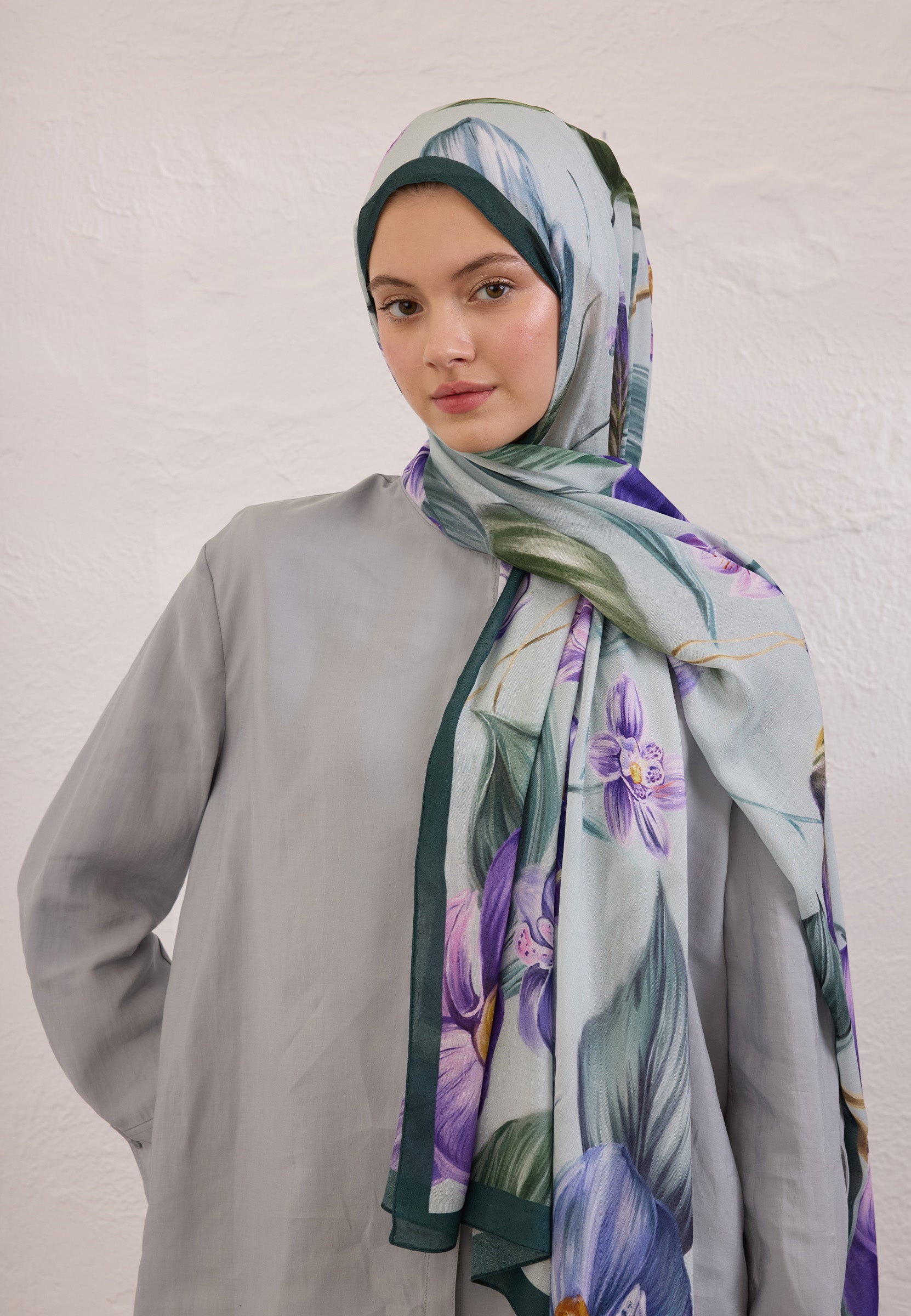 Mint Yeşili Elegant Flower Desen Rami Şal