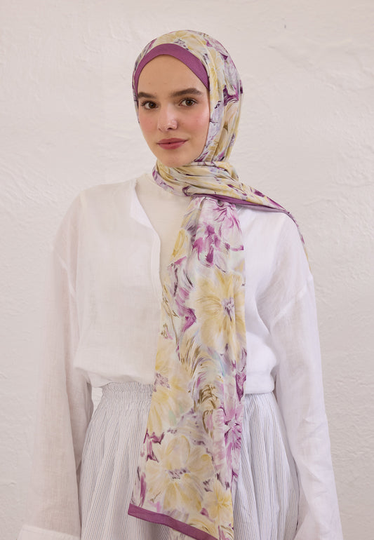 Mürdüm Pure Flora Desen Rami Şal