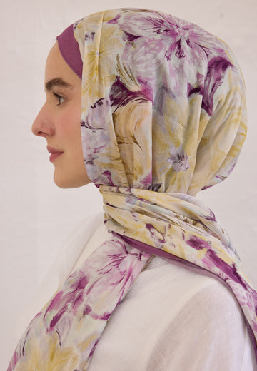 Mürdüm Pure Flora Desen Rami Şal