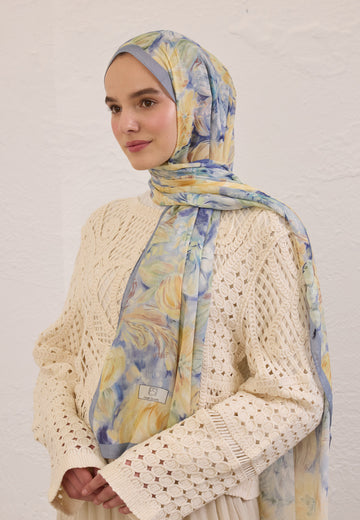 Soft Mavi Pure Flora Desen Rami Şal