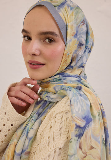 Soft Mavi Pure Flora Desen Rami Şal