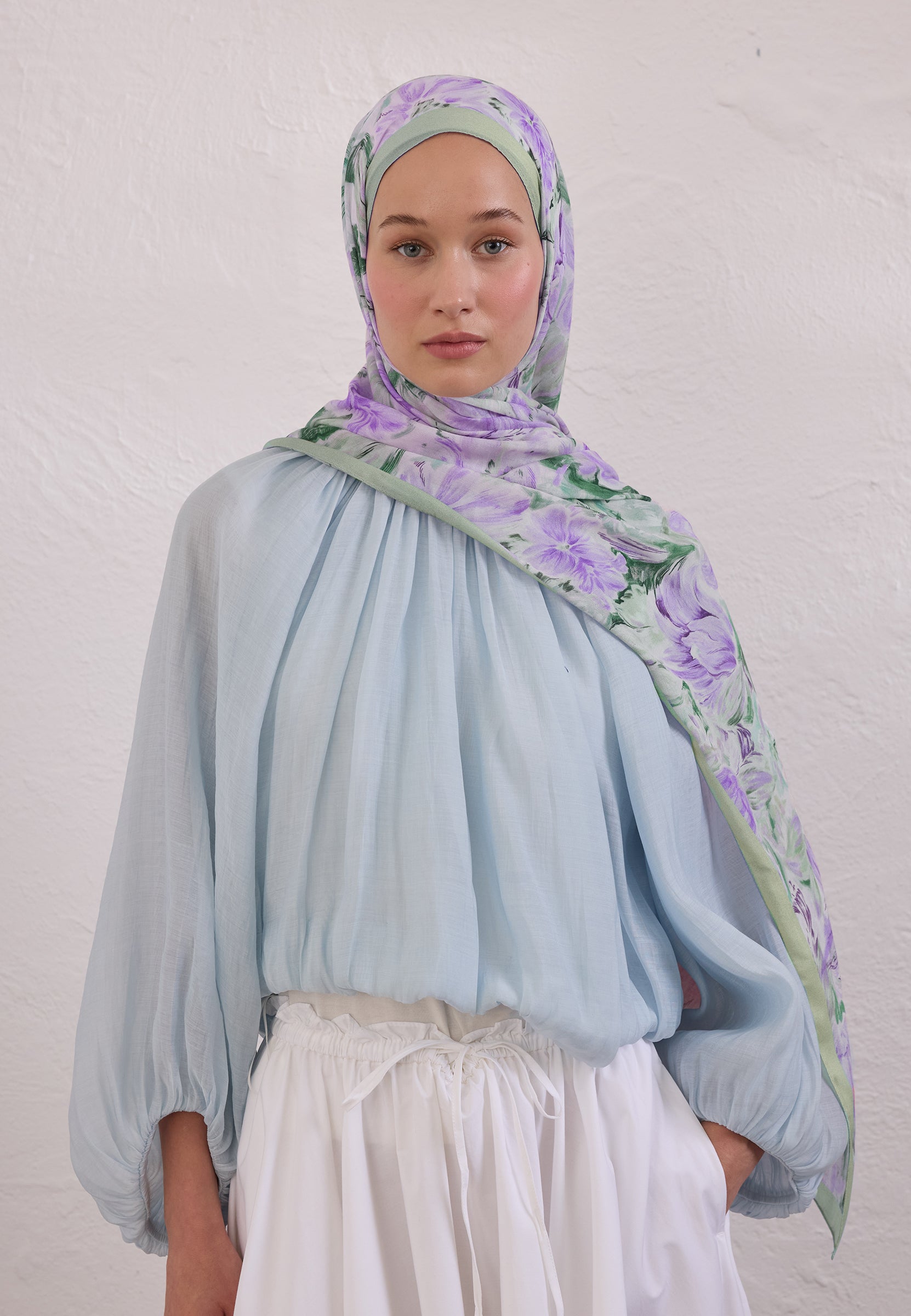 Mint Yeşili Pure Flora Desen Rami Şal