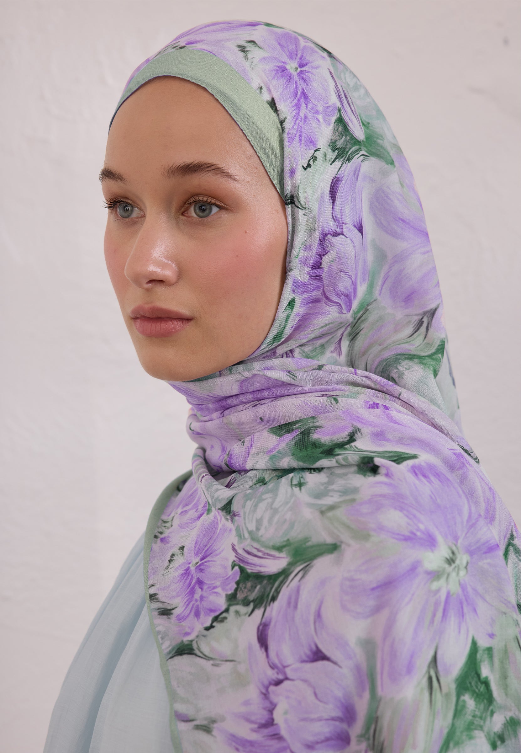 Mint Yeşili Pure Flora Desen Rami Şal