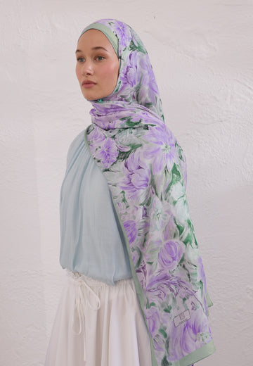 Mint Yeşili Pure Flora Desen Rami Şal