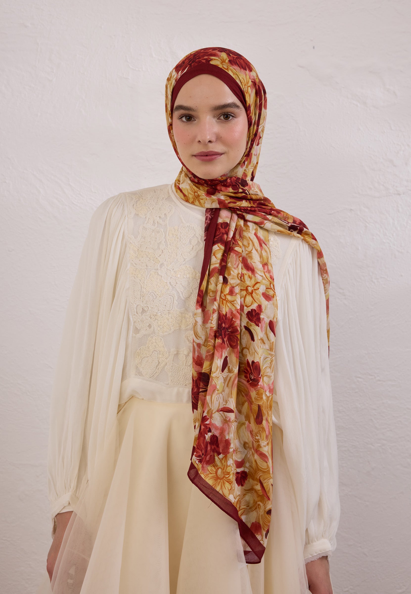 Bordo Summer Bloom Desen Rami Şal