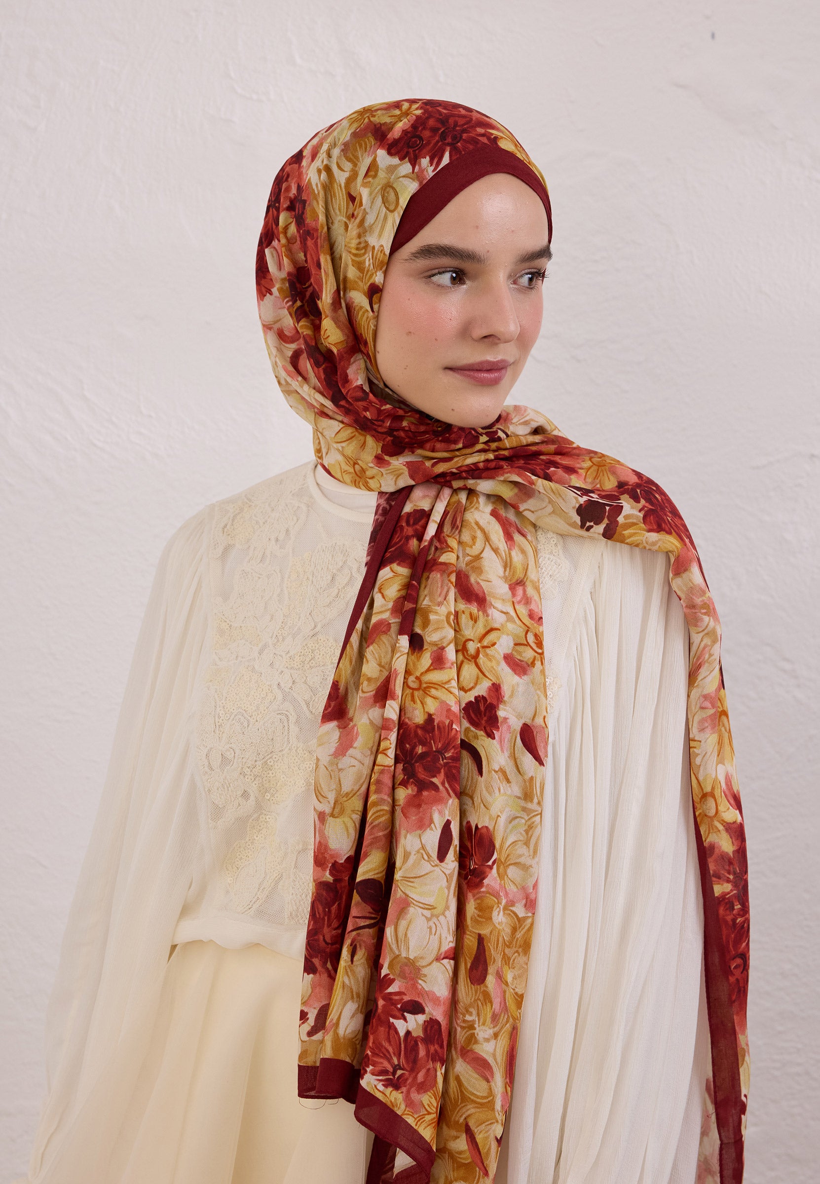 Bordo Summer Bloom Desen Rami Şal