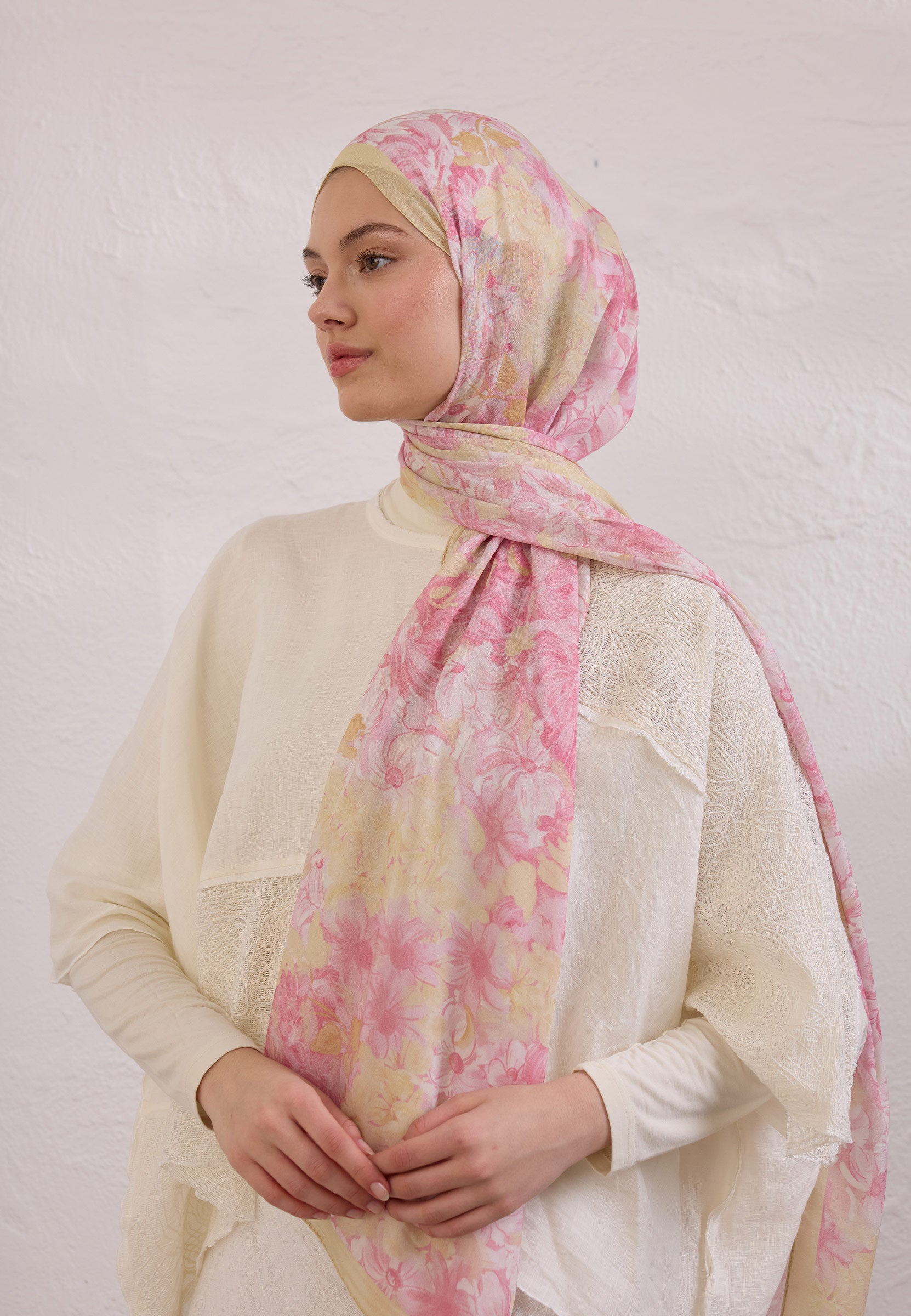 Soft Pembe Summer Bloom Desen Rami Şal