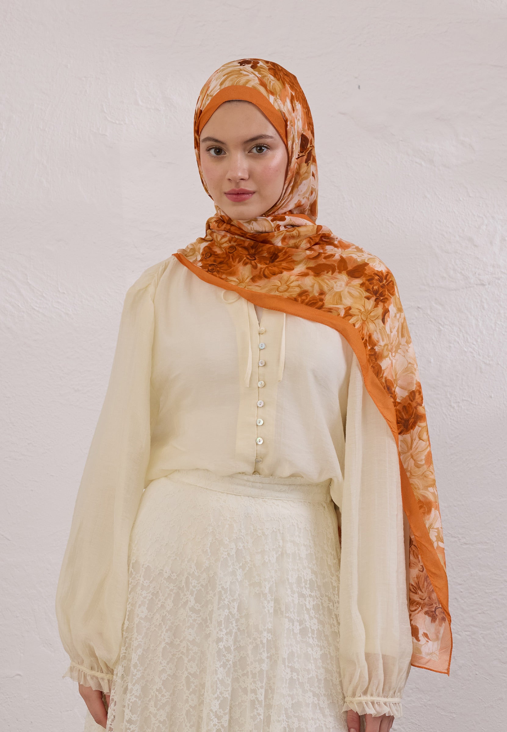 Turuncu Summer Bloom Desen Rami Şal