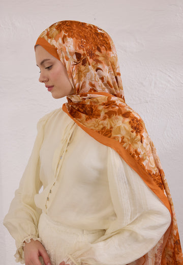 Turuncu Summer Bloom Desen Rami Şal