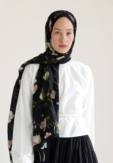 Siyah Love Garden Floş Viskon Şal