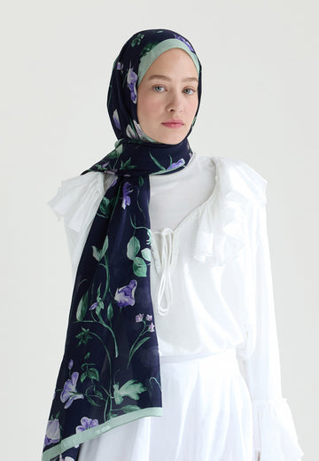 Lacivert Love Garden Floş Viskon Şal