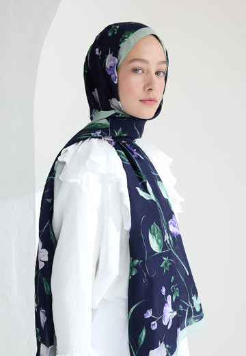 Lacivert Love Garden Floş Viskon Şal