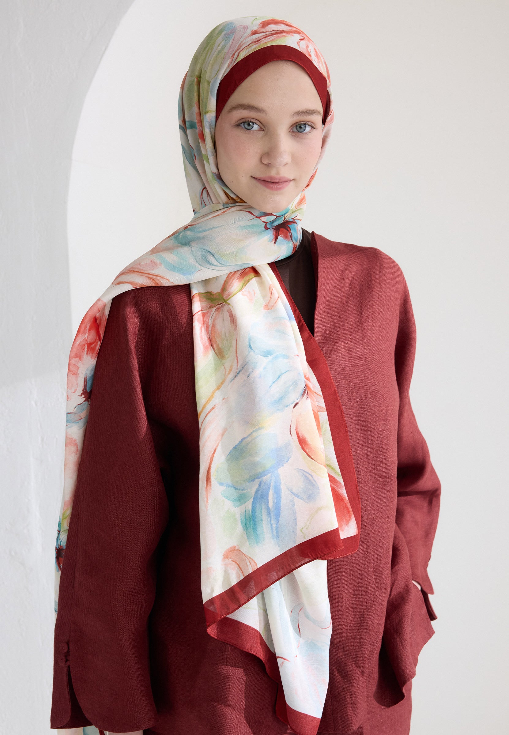 Bordo Soft Flora Floş Viskon Şal