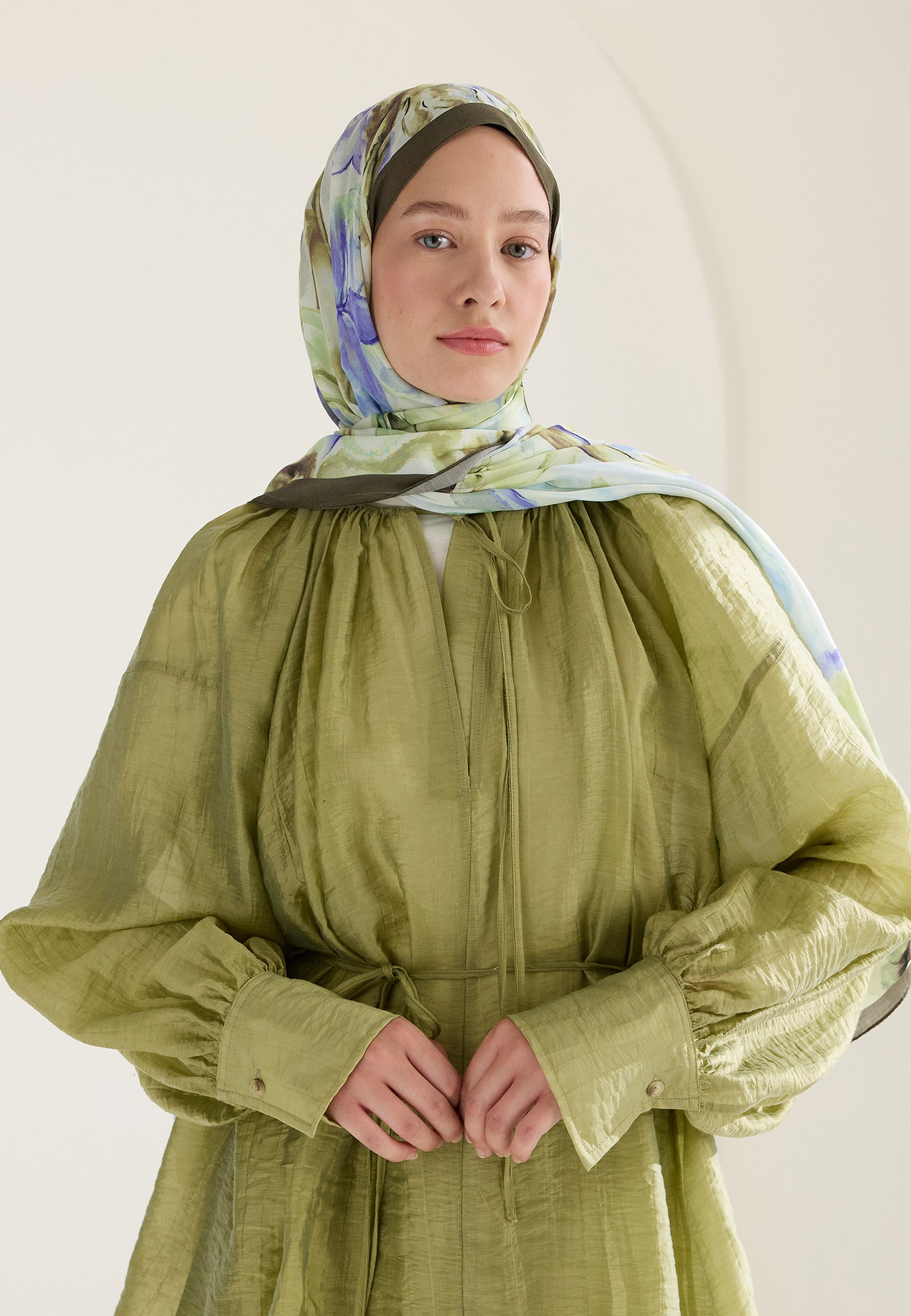 Haki Soft Flora Floş Viskon Şal
