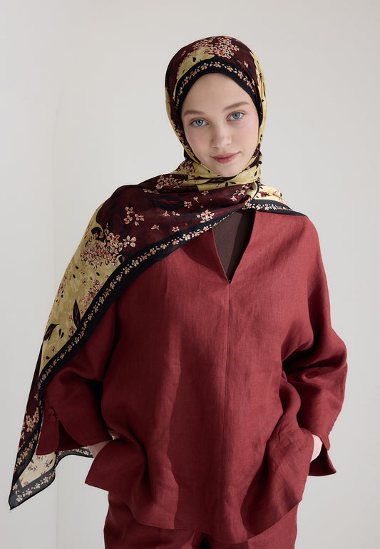 Bordo Tıny Plumerıa Floş Viskon Şal