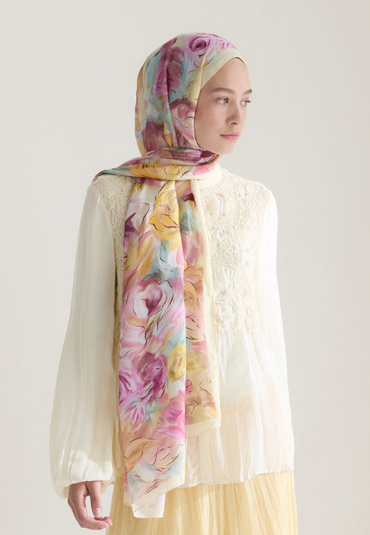 Pastel Sarı Rose Garden Floş Viskon Şal