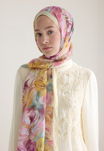 Pastel Sarı Rose Garden Floş Viskon Şal