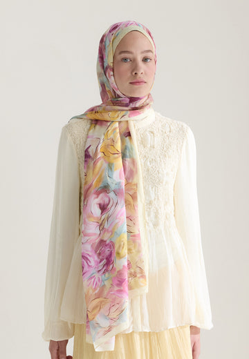 Pastel Sarı Rose Garden Floş Viskon Şal