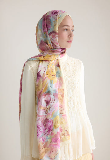 Pastel Sarı Rose Garden Floş Viskon Şal