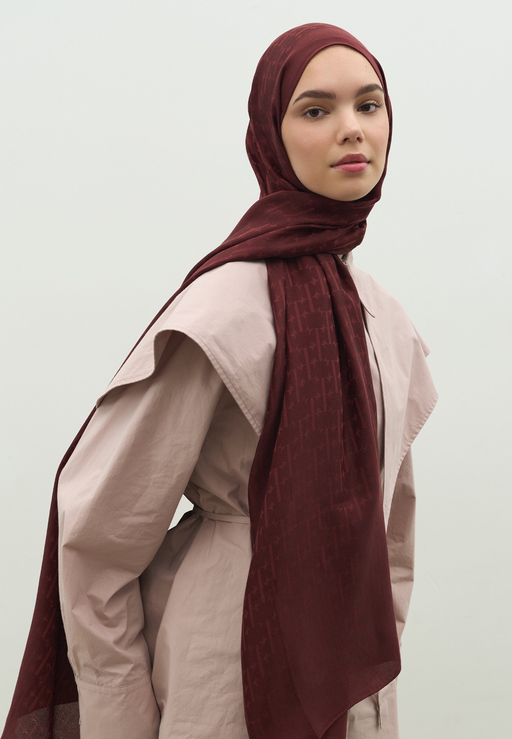 Bordo Monogram Pamuk Floş Jakarlı Şal