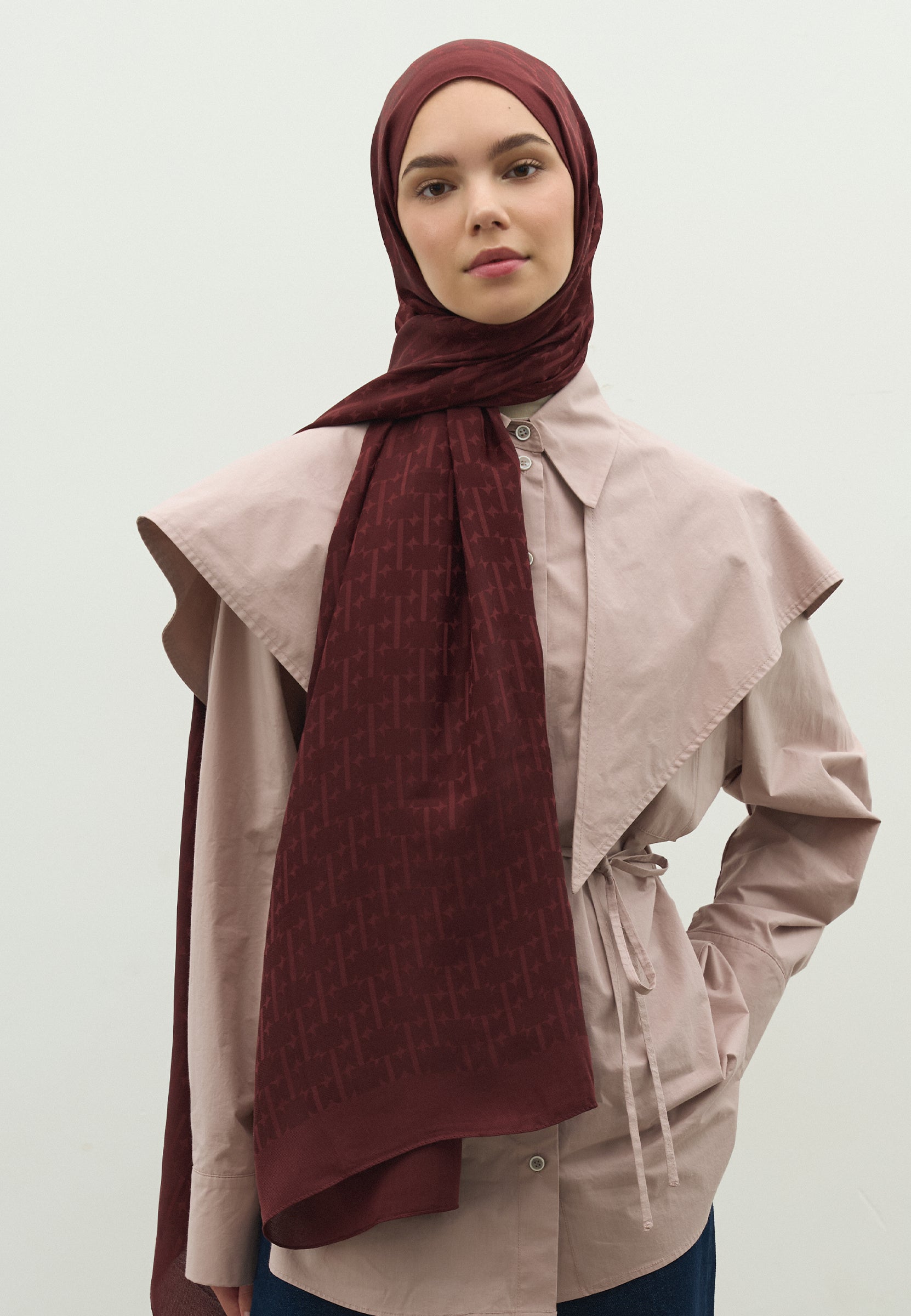 Bordo Monogram Pamuk Floş Jakarlı Şal