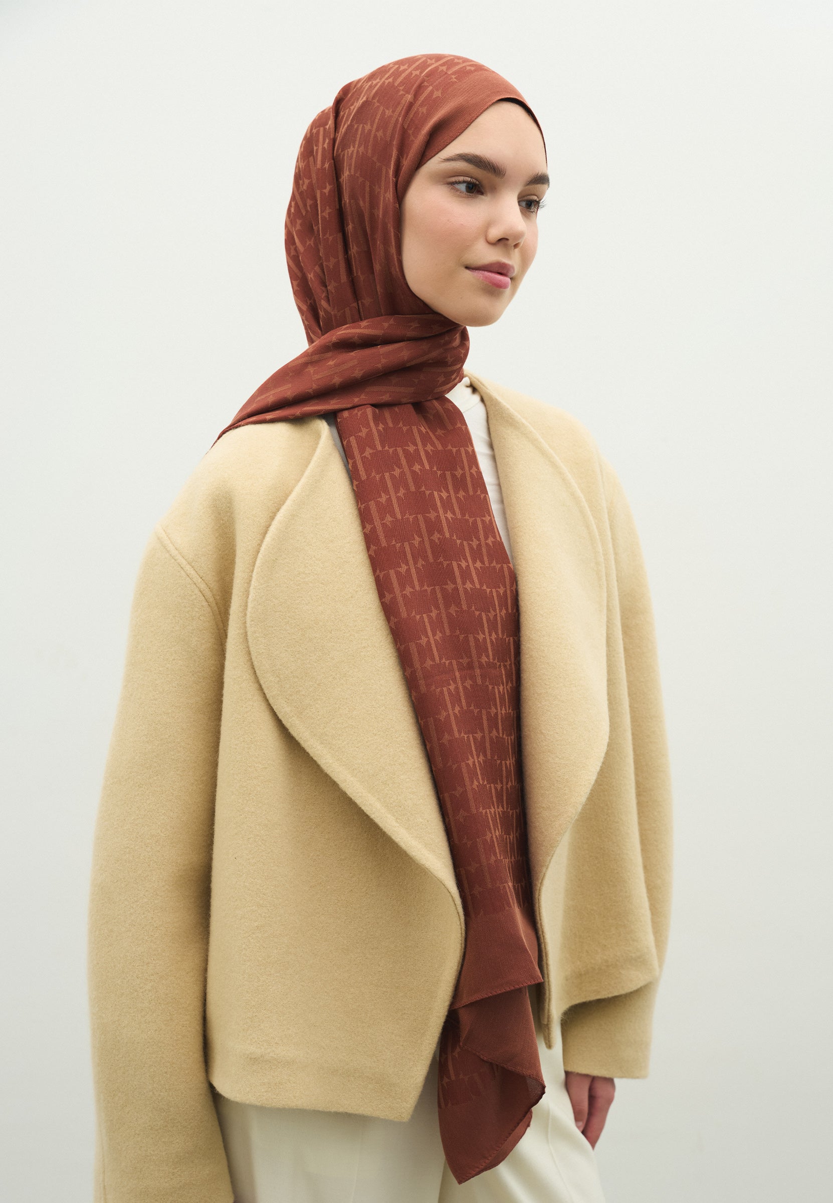 Kiremit Monogram Pamuk Floş Jakarlı Şal