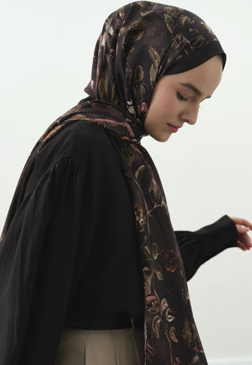 Kahve Flower Raın Desenli Pamuk Viskon Şal