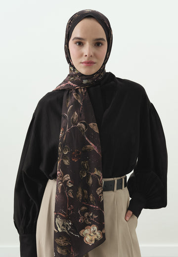 Kahve Flower Raın Desenli Pamuk Viskon Şal