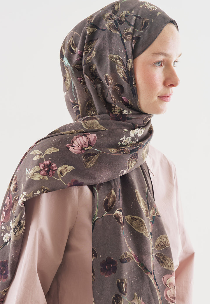Flower Rain Desenli Pamuk Viskon Şal Füme