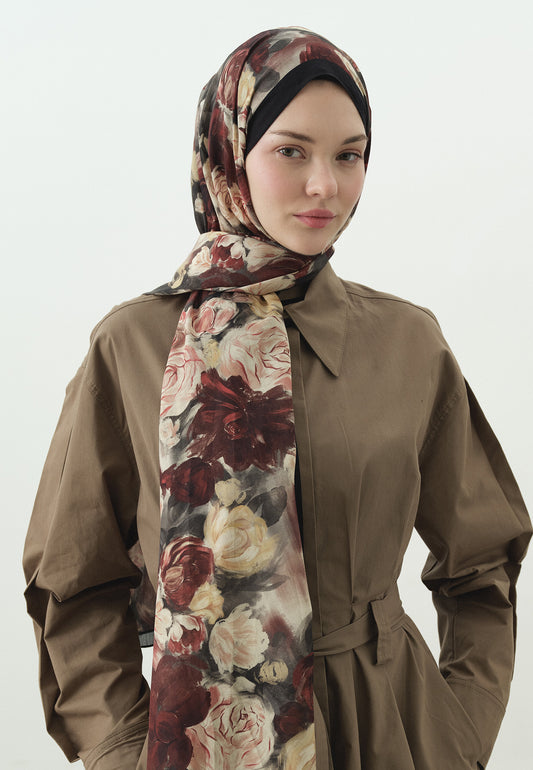 Siyah Rose Breeze Desenli Pamuk Viskon Şal